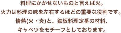 料理にかかせないものと言えば火。火力は料理の味を左右するほどの重要な役割です。 情熱(火・炎)と、鉄板料理定番の材料、キャベツをモチーフとしております。